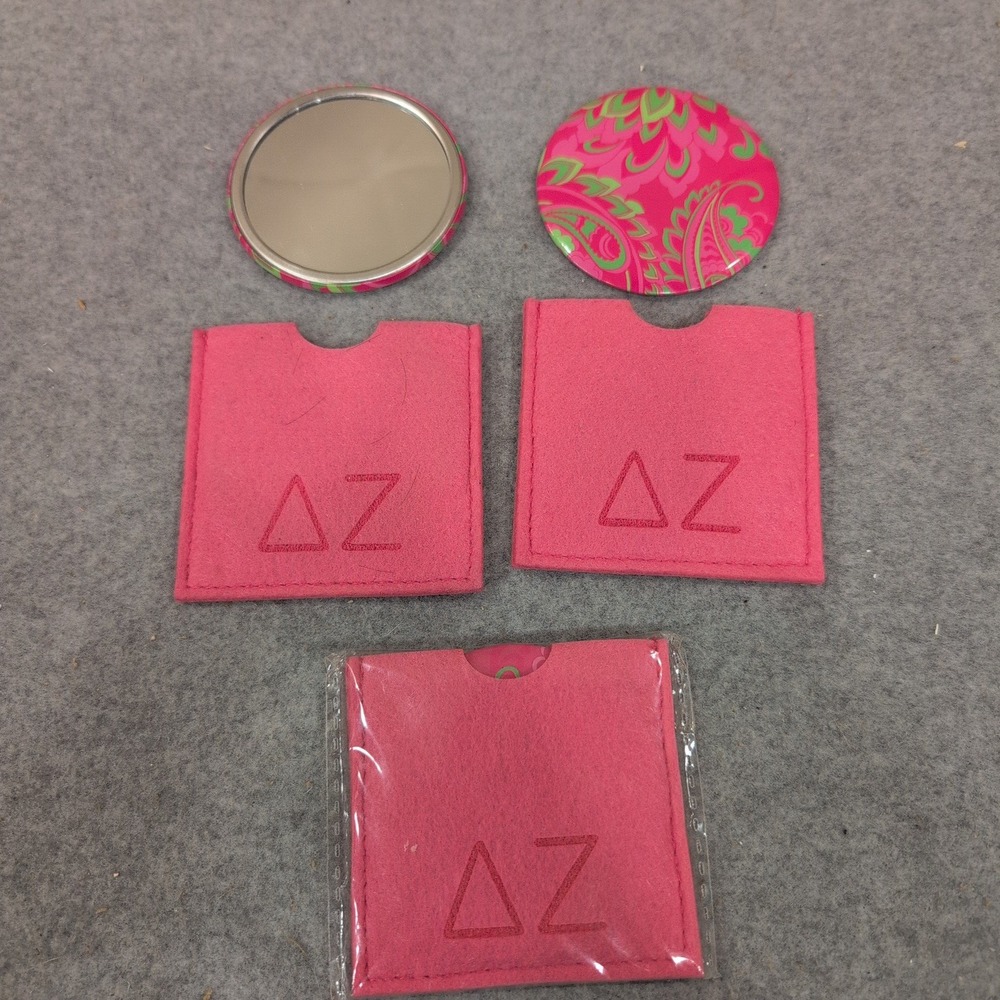 Delta‎ Zeta Sorority Pocket Mirror Set of 3 Pink Paisley with Felt Sleeves DZ